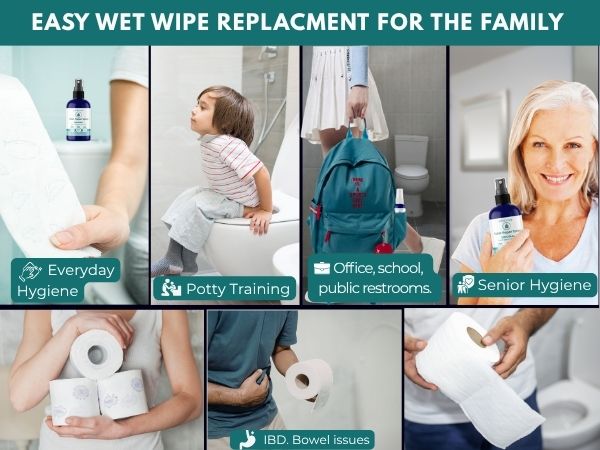 woman on toilet. kid potty training. girl with Pristine in backpack. senior woman. man with toilet p