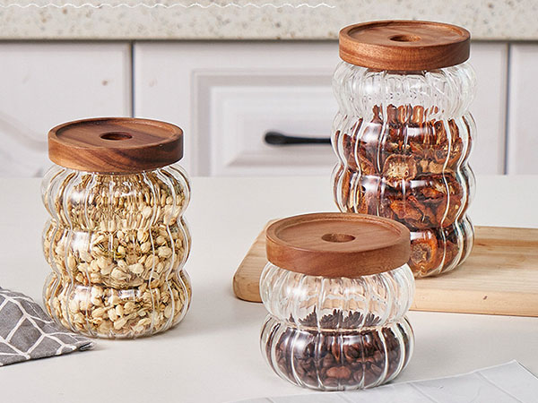 Glass Storage Container Airtight Food Jars Kitchen Canister with Wood Lids