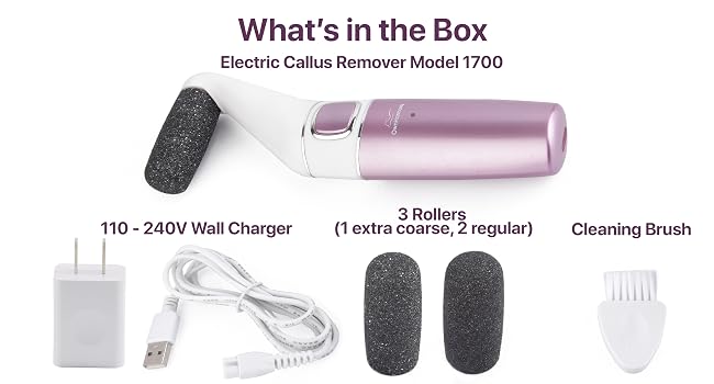 Box includes CR1700 foot callus remover, 110-240V wall charger, cleaning brush, 3 rollers
