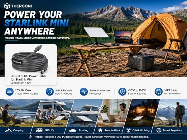 USB-C to DC power cable for Starlink Mini used with portable power station for camping