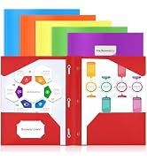 Sooez 6 Pack Pocket Folder with Prongs, Heavy Duty Plastic Folders with Pockets and Prongs, Two P...