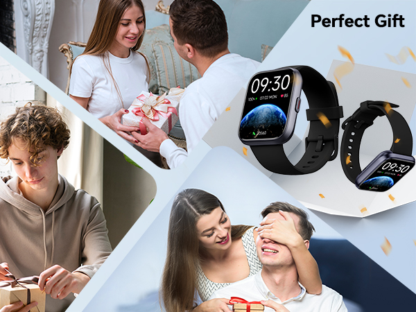 Text reads 'Perfect Gift'. Smartwatch product showcase displaying various features including fitness tracking, notifications, and time display against lifestyle scenes.