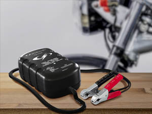 Car battery charger and maintainer works with 12 volt standard, AGM, and gel batteries.