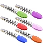 HINMAY Small Tongs with Silicone Tips 7-Inch Mini Serving Tongs, Set of 6 (Green Red Blue Purple ...