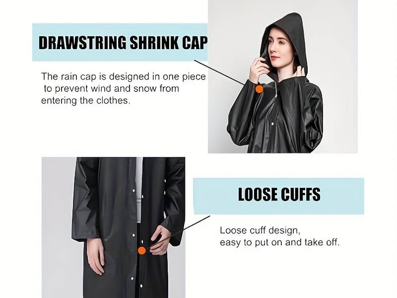 Black raincoat product features showing drawstring hood with shrink cap design and loose cuff details, designed for protection against wind and snow.