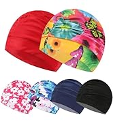 Ewanda store 6 Pcs Colorful Print Swim Caps for Women Men,Pleated Nylon Cloth Swim Cap Large Swim...