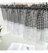 Huierxun Black and White Buffalo Check Plaid Tier Curtains Floral Lace Semi Sheer Kitchen Curtain...