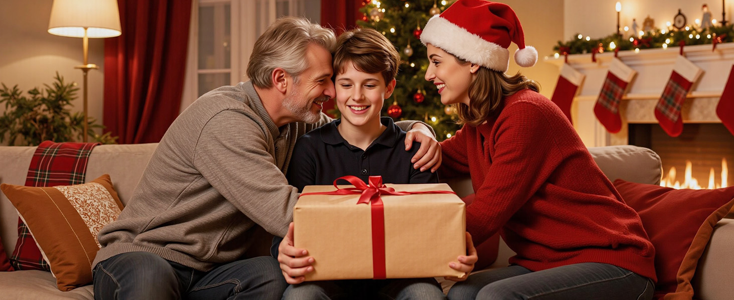 Series of warm-toned holiday scenes showing wrapped presents being exchanged in a cozy indoor setting with Christmas decorations visible