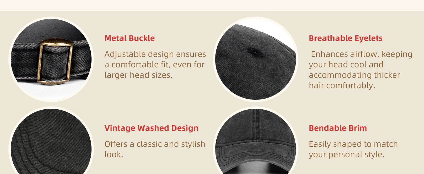 Black baseball cap features including metal buckle adjustment, breathable eyelets, vintage washed fabric, and bendable brim. Four close-up panels highlight each feature.