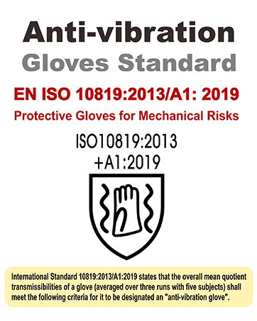 Anti-vibration gloves standard information. EN ISO 10819:2013/A1:2019 for Protective Gloves for Mechanical Risks. Includes certification symbol and additional standard details.