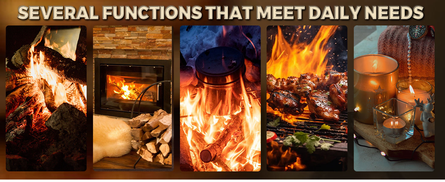 Collage of five images showing various fire scenes: campfire, fireplace, bonfire, barbecue grill, and candle flame.