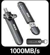 Black USB flash drive with rotating cap and USB-C adapter. Features SSK branding, 1000MB/s speed, and includes a keychain attachment.