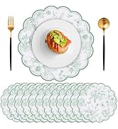 60 Pcs Sage Green Floral Paper Placemat, 13.5 Inch Disposable Scalloped Table Mats Wedding Placem...