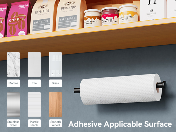 Adhesive paper towel holder for marble tile glass stainless steel plastic and smooth wood surfaces