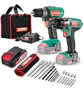 Cordless Drill Driver and Impact Driver 20V, HYCHIKA Drill Combo Kit, 2x2.0Ah Batteries, 1H Fast ...