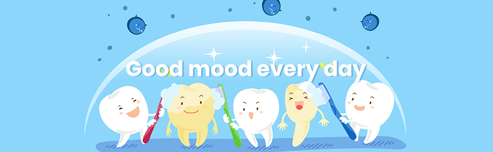 Text reads: 'Good mood every day' with cartoon illustrations of smiling characters in pastel colors against a light blue background with bubble patterns.