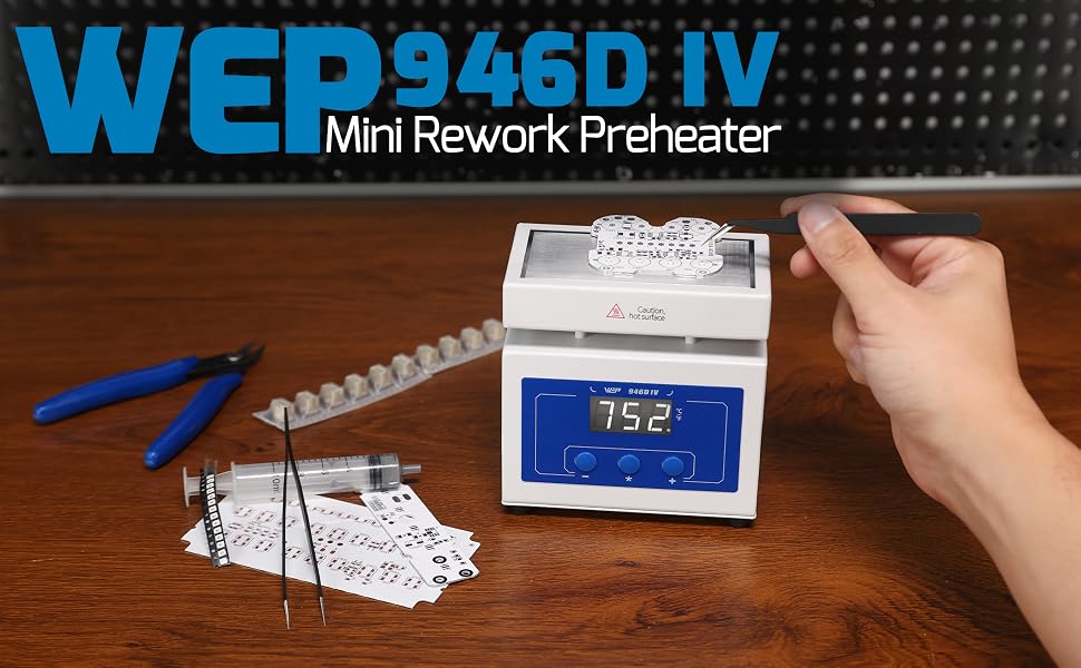 A man is using the WEP 946D-IV rework preheater to rework electronic components.