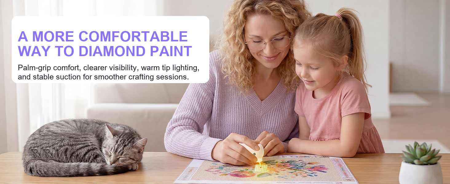 Adult using Ulverion electric diamond painting pen with warm light on diamond art canvas.