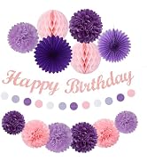 Purple Pink Birthday Party-Decorations Paper-Flowers - 14pcs Happy Banner Lavender Lanterns Tissu...