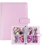 Pink leather planner or organizer with snap closure. Open to reveal photo sleeves with sample pictures inside.