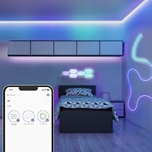 Smart tape lights grouped with Feit smart products in colorful room