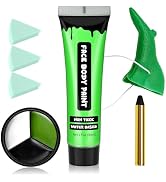 AIUEO 7PCS Green Face Paint with Fake Nose White Black Face Body Paint, Halloween Makeup Kit for ...