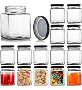 Jucoan 15 Pack Square Glass Jar with Black Airtight Lids, 10 oz Small Glass Mason Jar Canning Jar...