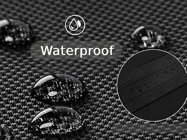 Waterproof fabric with water droplets beading on surface. Close-up of textured material. Hands holding a black rectangle demonstrating water resistance.