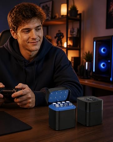 MAXFREE blue AA battery charger with storage unit, gaming setup