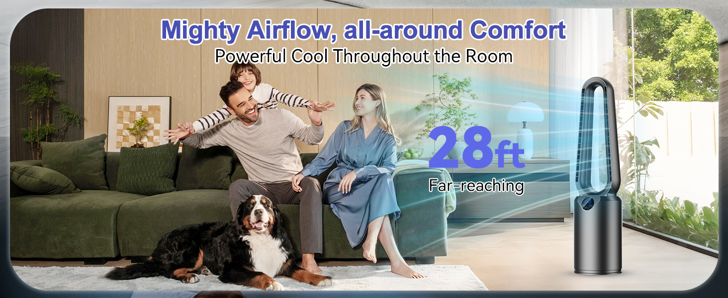 Text reads 'Mighty Airflow, all-around Comfort' and '28°'. Product advertisement showing tower fan in living room setting with people and pets relaxing.