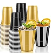 GGOLDMER 50 Pack 16oz Plastic Party Cups - Black and Gold Disposable Plastic Cups Graduation Cup ...
