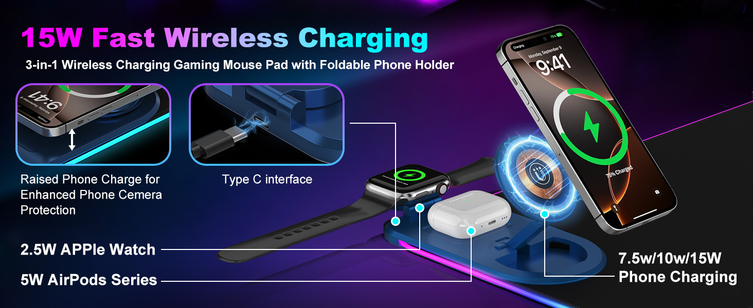 3 in 1 Wireless Charging RGB Gaming Mouse Pad
