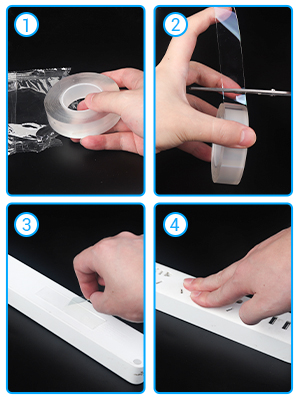 Four-step instruction guide for applying an anti-slip product. Shows hands cutting, peeling, and attaching adhesive strips to a surface.