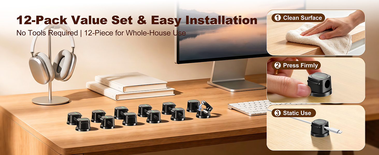 12 pack adhesive cable clips, simple 3-step installation, no drilling required