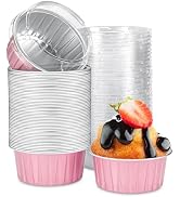 Eoonfirst 50pcs Mini Disposable Foil Ramekins with Lids 5oz, Aluminum Foil Round Cupcake Liners M...