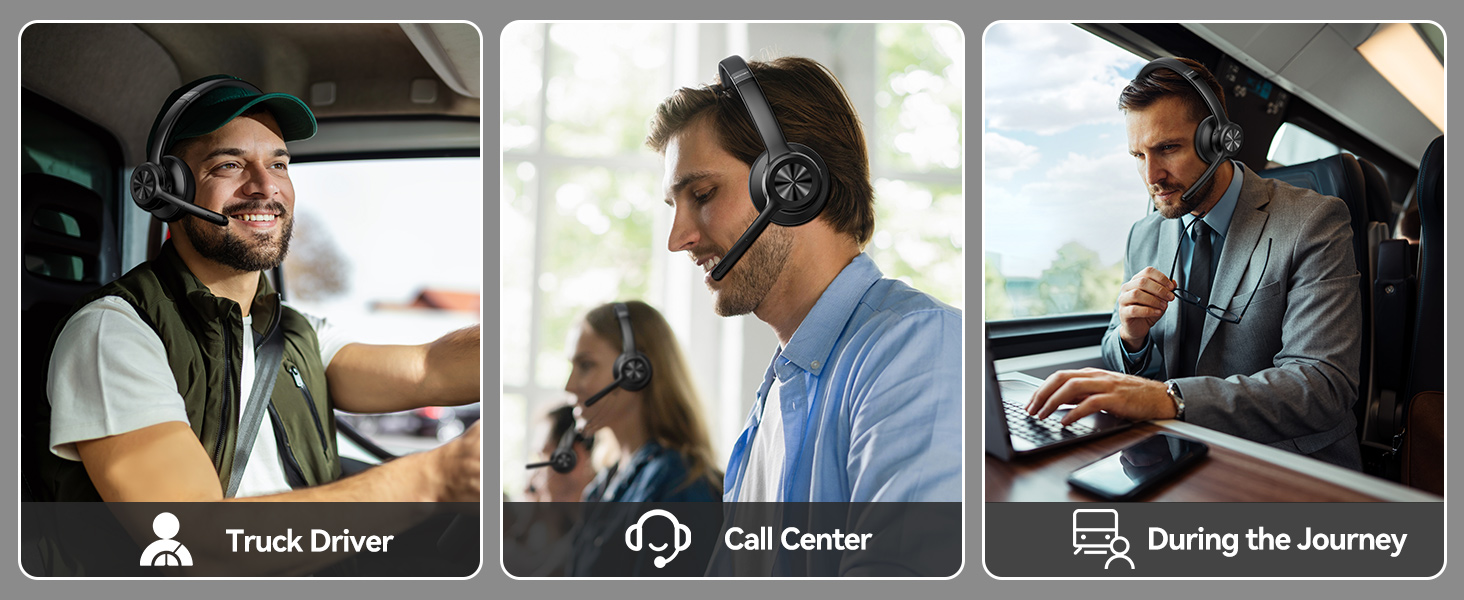 Three-panel illustration showing different headset users: a truck driver, call center worker, and business traveler, demonstrating various use cases.