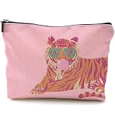 BILLAION Trendy Preppy Pink Tiger Makeup Bag, Gifts for Tigers Lovers Cosmetic Bags, Pink and Ora...