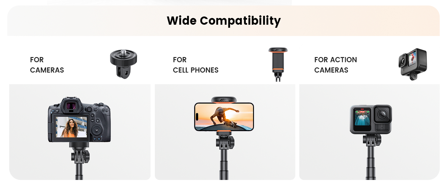 Tripod mount compatibility showcase featuring attachments for DSLR cameras, smartphones, and action cameras. Demonstrates versatile use across different device types for photography and videography.