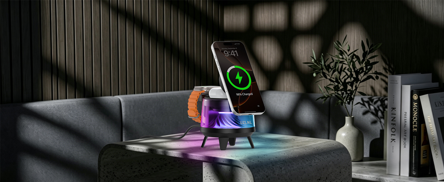 Wireless charger with colorful ambient light, stylish multi-device charging for living room