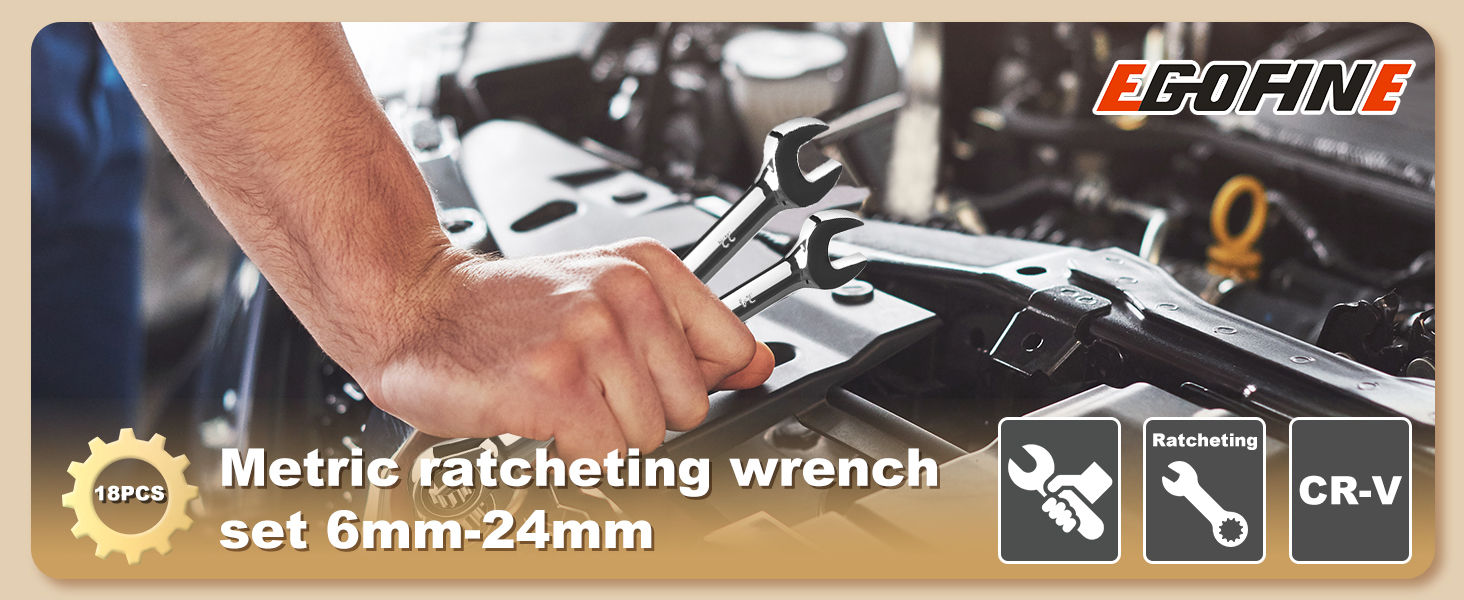 Metric ratcheting wrench set 6mm-24mm
