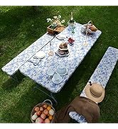 ARTABLE Picnic Table Cover Bench Covers Elastic Edges Fitted Rectangle Picknick 6 Foot Tables Wat...