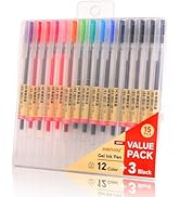 HANKU Colored Gel Pens, 0.5mm Fine Tip Pens, No Bleed, Quick Dry, 15 Pack Japanese Style Ball Poi...