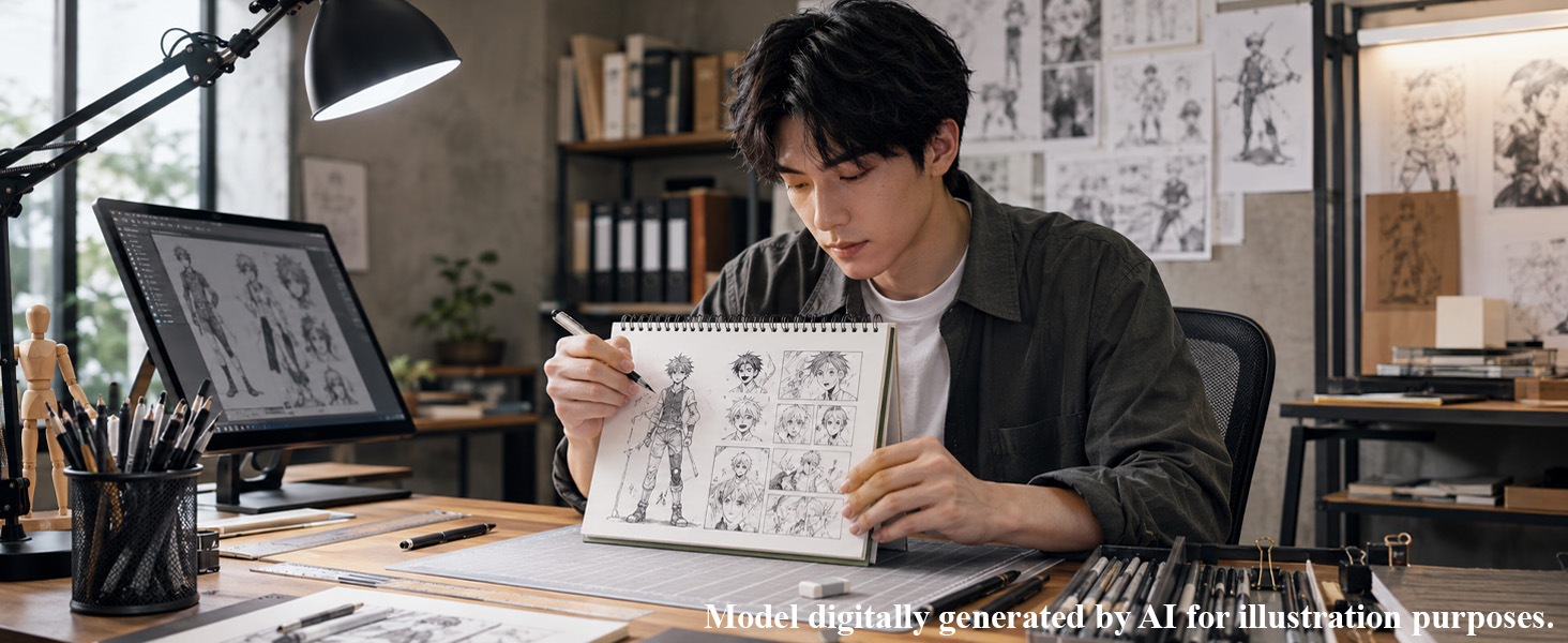 A young artist uses a SuFly sketchbook for character design, concept sketches, and studio drawing.