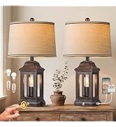 24" Rustic Farmhouse Table Lamps for Living Room Set of 2, Touch Dimmable Nightlight Vintage Beds...