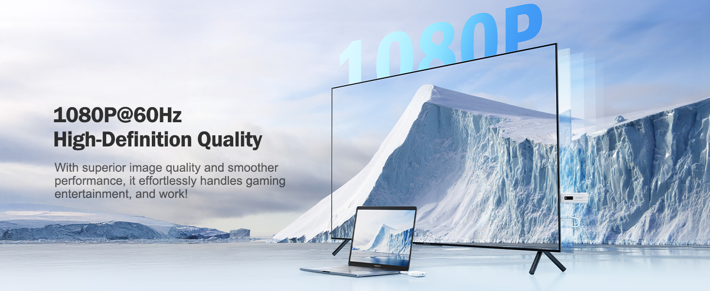 Flat-screen TV displaying iceberg image. Text indicates 1080P@60Hz High Definition Quality. TV shown from front and side angle.