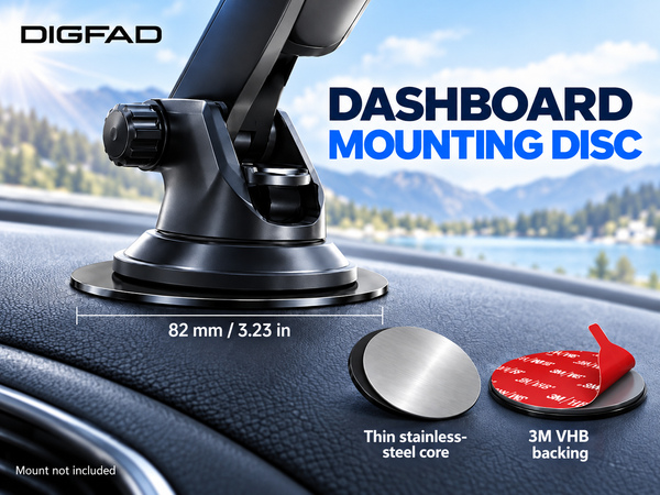 82 mm mounting disc with stainless steel core and 3M VHB backing. Mount not included.
