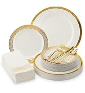 Heavyweight Elegant Disposable Dinnerware Set - Gold Fancy Plastic Dinnerware Sets with Plates, C...