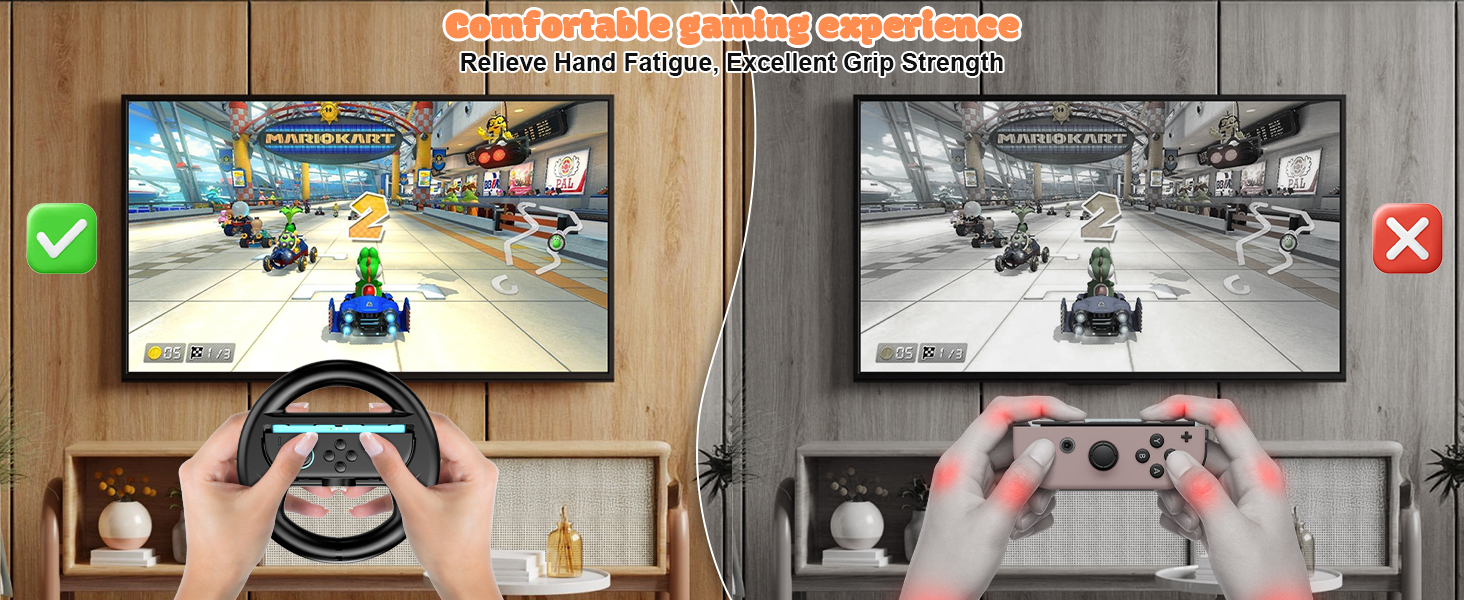 Split image comparing colorful and grayscale racing game screens. Left shows hands holding steering wheel controller, right shows hands with gamepad. Demonstrates color-blind gaming mode.