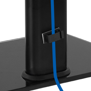 Black cylindrical stand with blue cable management feature. Vertical column has a clip or opening for organizing cables, mounted on a flat base.