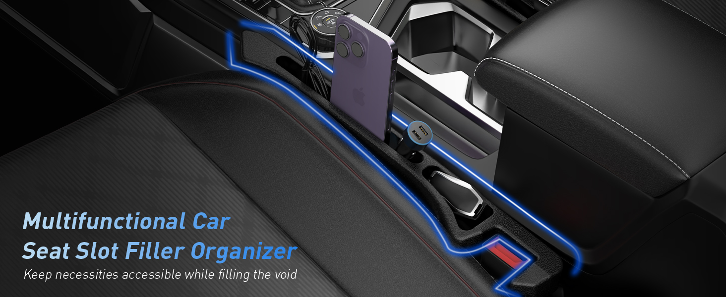 Soft leather grain multifunctional seat side gap filler with organizer & hook function